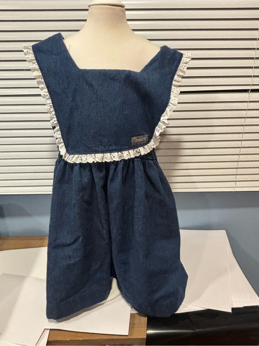 Jordache Dark Blue Denim Romper with White Eyelet Trim